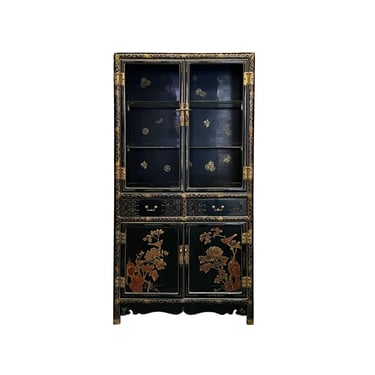 Chinoiseries Black Golden Graphic Glass Display Bookcase Curio Cabinet cs7568E 