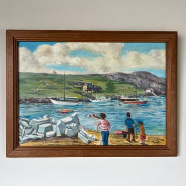 70’s A. Plimack Fishing Village Impressionist Oil on Canvas Painting, Framed 