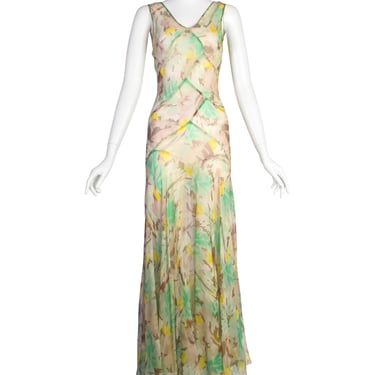 Vintage 1930s Green Yellow Beige Grey Watercolor Floral Paneled Silk Chiffon Gown