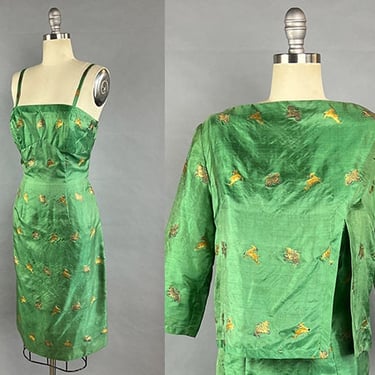 1950s Cocktail Dress / Green Silk Jacquard Dress with Matching Top / Golden Tigers and Ibexes / Size Small 