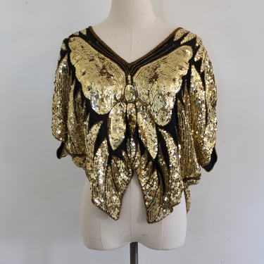 1980s - Gold Sequin Butterfly Top - Beaded Crop Top - Party Top - Cocktail Party 