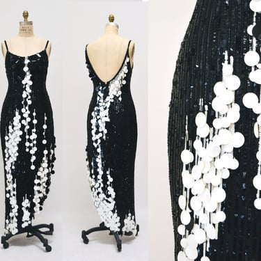 70s 80s Vintage Sequin Bob Mackie Dress Black white Beaded Sequin Fringe Dress Small Medium I.MAGNIN Bob Mackie Asymmetrical Fringe Dress 