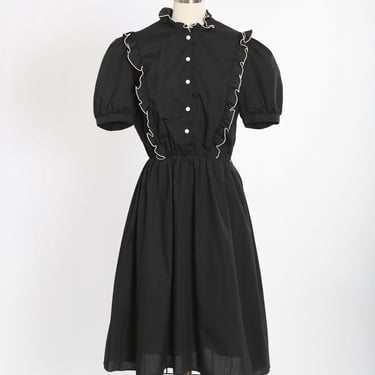 80s Black ruffle cotton dress 