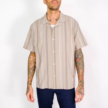 SATURDAYS NYC Light Mocha Multi Stripe Camp Collar Button Up Shirt | Made in Portugal | 100% Cotton | 1950s Style Designer Rockabilly Shirt 