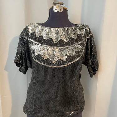 1970s vintage sequined disco top black and silver sequins on Silk XL 