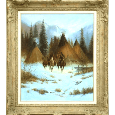 Painting, Oil on Canvas, B. Adams, Western Indian Theme, "Seeking Winter Meat"