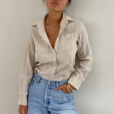 90s linen blouse / vintage oatmeal woven linen fitted button down pocket shirt blouse | S 