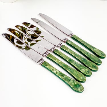 Vintage Grosvenor 1921 Community Oneida Set of 6 Butter Knives, Green Jewel Two Toned Catalin Plastic Art Deco Deluxe Stainless Set, Antique 