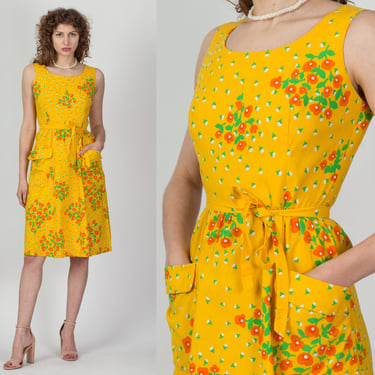 60s Malia Honolulu Yellow Floral Pocket Dress - Small | Vintage Hawaiian Sleeveless Knee Length Sundress 