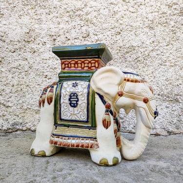 Vintage Ceramic Elephant Statue/Large Elephant/ Plant Stand Figure/ Retro Garden Seat/ Flower Stand / Decorative Ornament/Pottery Art/ China 