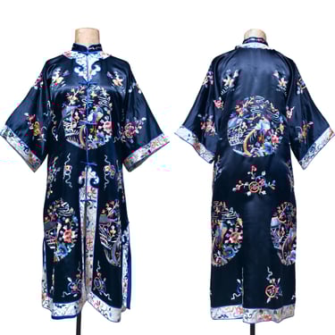 Rare Antique 1920s-30s Chinese Surcoat, Black Silk Evening Coat w/ Hand Embroidered Birds, Flowers, Bamboo, Koi, Museum Quality, Medium, VFG 