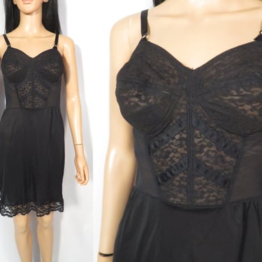 Vintage 60s Black Bra Slip Dress With Shaping In Bodice Made In USA Size 34C S 