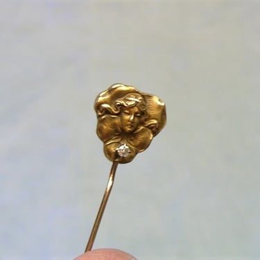 Antique 14K Gold Art Nouveau Stick Pin With Diamond, Gold Stick Pin With Diamond, Antique 14K Gold Stickpin (#4039) 