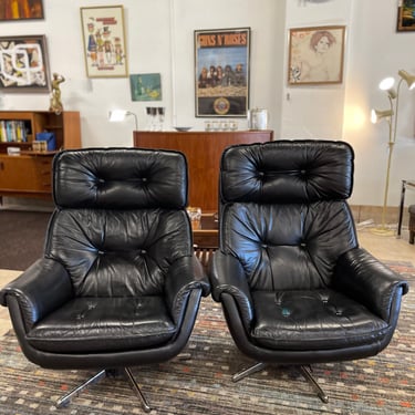 Mid Century Danish Black Leather Swivel Lounge Chairs