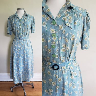 40s 30s  Cotton Print Feedsack Dress Cornflower Blue Floral Print / 30s Shirtwaist Day Dress Belted Short Sleeves / Myra L 