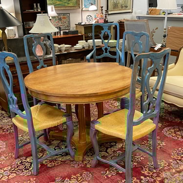 Round Pine Dining Table with Four Rush Seat Chairs
