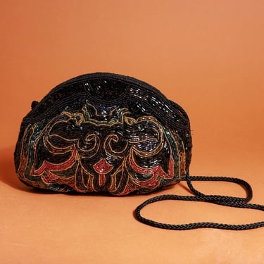 80s Black Paisley Evening Beaded Clam Shell Purse Vintage Shoulder Strap Clutch Bag 