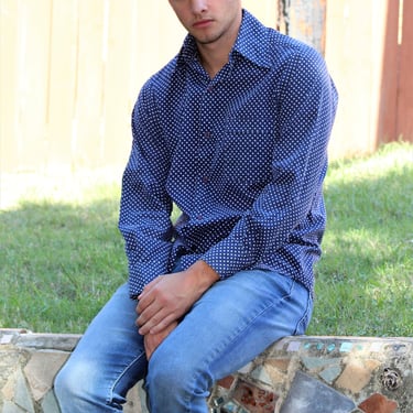 Mens Polka Dot Shirt, Vintage Le Mans Long Sleeved Shirt, blue white polka dots, Medium 