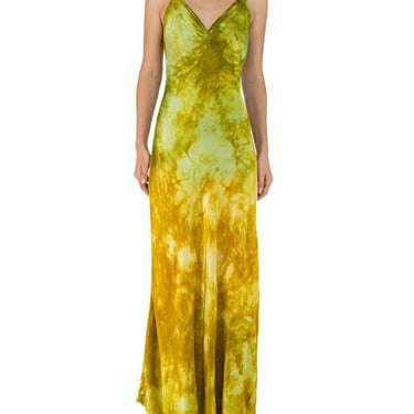 1930S Green & Yellow Silk Rayon Tie Dyed Gown 