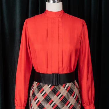 1980s JH Collectibles Bright Red Pleated Button-Back Blouse 