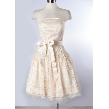 80's GUNNE SAX Ivory Lace Dress Party Wedding Vintage 1980's Tulle Petticoat Satin Strapless Full Skirt Beige Cream Bridal 