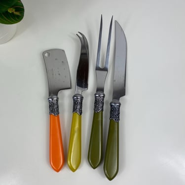 Vintage Le Baroque 4pc Cheese Knives And Carving Utinsels, Orange yellow & green Pearl Handles, Vintage colorful kitchenware 