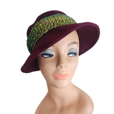 Vintage 60s Purple Velvet Hat Fedora w/Green Feathers by Paulette 