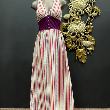1970s maxi dress, purple candy stripe, vintage 70s dress, halter top, beach party, size x small, mod, striped summer dress, 24 25 waist 