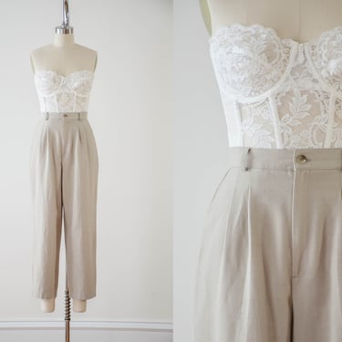 high waisted pants | 80s 90s vintage oatmeal beige linen style dark academia pleated trousers 