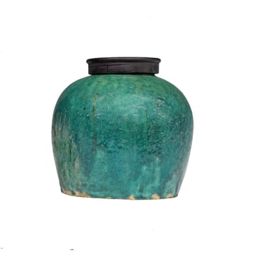 Antique Chinese Turquoise Green Glazed Ceramic Ginger Jar Covered Pottery Vessel 