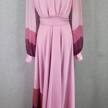 1970s Dusty Pink Color Block Maxi - 70s Hostess Dress - Hollywood Regency - Party Dress 