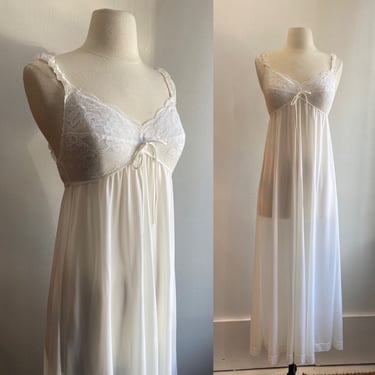 Vintage 70s Nightgown / OLGA / Lace Trim Straps + Bra Top + Empire Waist / Classy Night Gown 