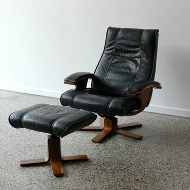 Danish Eames Inspired Leather Recliner Lounge Chair w/ Ottoman for Kebe 