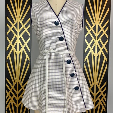 Vintage 1960s dress, vintage mini dress, windowpane plaid, blue and white, cotton sundress, 31 waist, rockabilly style, summer 