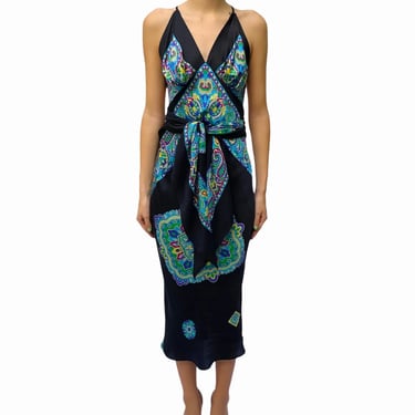 Morphew Collection Black  Blue Multicolored Silk Twill Print Scarf Dress Made From Vintage Scarves 