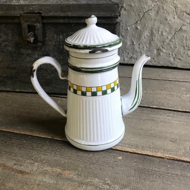 French Enamel Café Coffee Pot, Green, Yellow Check, French Farmhouse Decor, Makers Stamp 