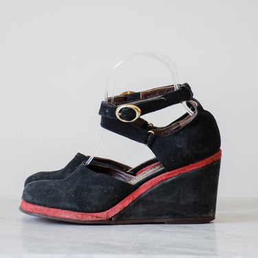 black suede wedges | 70s vintage Thom McAn black red leather ankle strap high heel wedge shoes size 6.5 