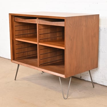 Arne Vodder Style Danish Modern Walnut Bookcase or Record Cabinet on Hairpin Legs, 1960s