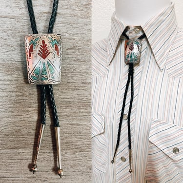 Vintage 1970s Silver with Turquoise & Coral Chip in Resin Bolo Tie w Black Leather Rope | Mid 20th Century, Navajo, Western, Country, Cowboy 