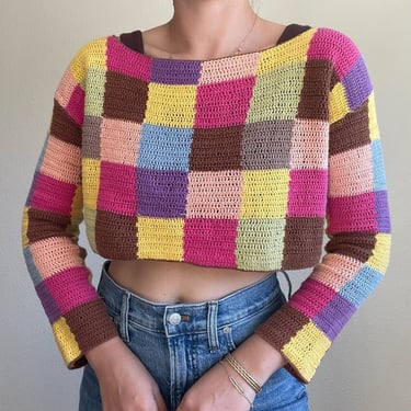 Y2K Womens Moda International Rainbow Pride Sheer Crochet Crop Top Sz S 