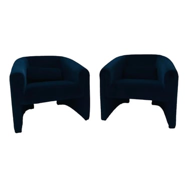 Mid-Century Modern Style Fully Upholstered Blue Velvet Club Chair Pair