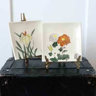 vintage small square plate set •  hand painted Japanese flowers ceramic trinket jewelry dish 