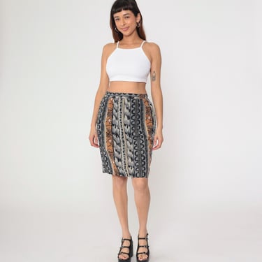 90s Geometric Striped Skirt High Waisted Mini Pencil Vintage Grey Black Tan Southwest 1990s Abstract Print Medium 