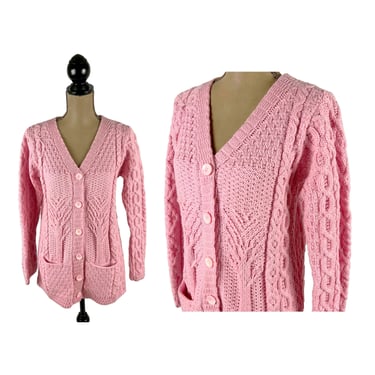 Vintage Pink Cable Knit Cardigan, 100% Merino Wool, V Neck Button Up Fisherman Sweater with Pockets, KILRONAN KNITWEAR for Women Size Medium 