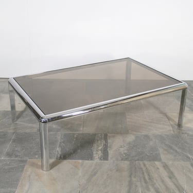 Extra Large Vintage Italian Postmodern Smoked Glass Chrome Coffee Table Retro Home Office Accent Streamline Rectangular Brutalist Eclectic 