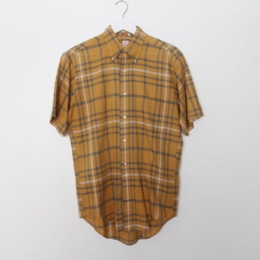 vintage MUSTARD YELLOW  60s 70s PLAID button up short sleeve shirt mid century button up ---size 