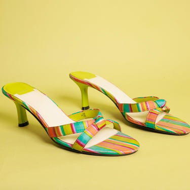 90s Leaf Green Colorful Striped Strappy Heels Vintage Knot Stripe Print Sandals Shoes 