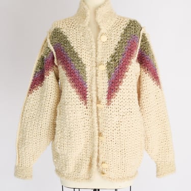 Vintage 1980s Hand-Crocheted Wool Cardigan Jacket | L | Chunky Handmade Natural Wool Sweater in Pastels with Pockets 