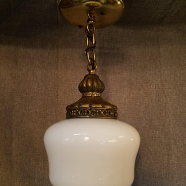 Vintage Cast Aluminum Pendant Light with Milk Glass Shade