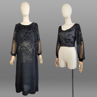 1920s Dress / 1920s Silk Velvet Dress / Burn Out Velvet Dress / Dress with Optional Sleeves / Black Velvet 1920s Dress / Size Medium Large 